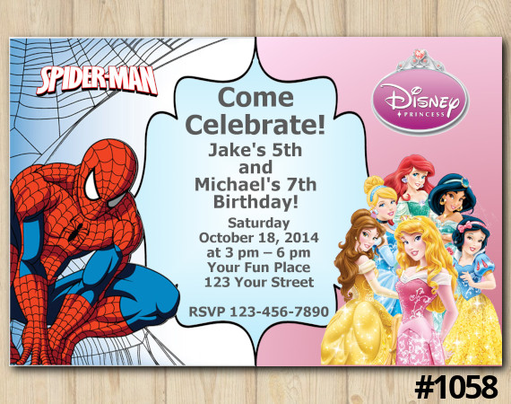 Twin Spiderman and Disney Princesses Invitation | Personalized Digital Card